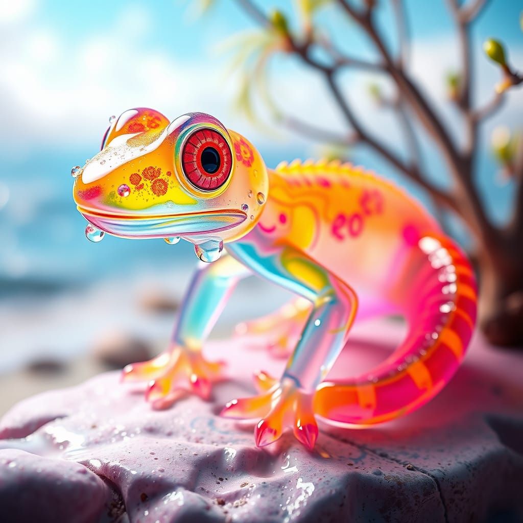 Translucent Taffy Salamander in Surreal Seaside Setting