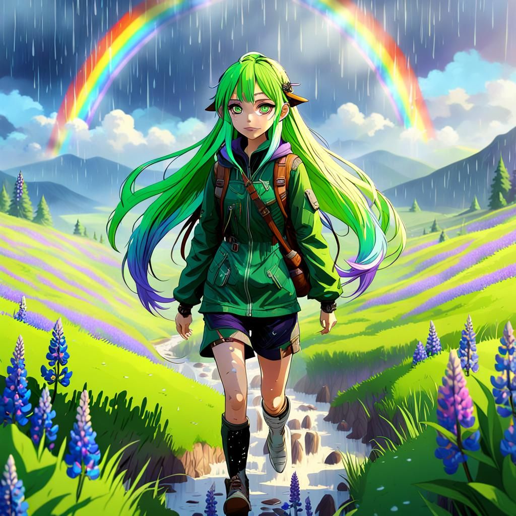 Anime Girl Hiking Through Rainy Lupine Field