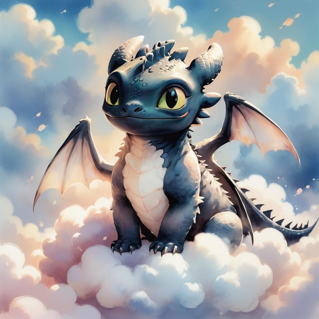 Toothless Dragon in Pastel Anime Watercolor Style