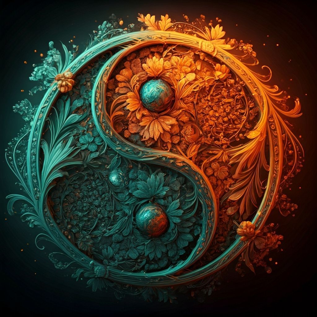 Floral Yin-Yang Symbol in Fantasy Art Nouveau Style