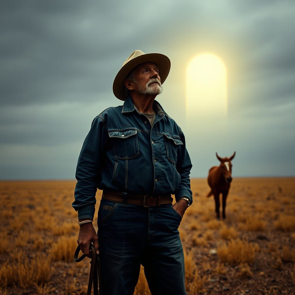 Dustbowl Farmer and Mule Gaze at Ethereal Portal