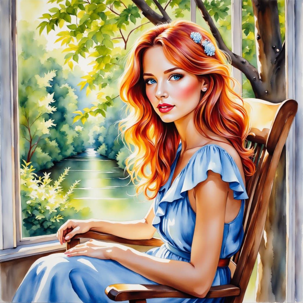 Woman in Blue Dress by Forest Window in Watercolor Style