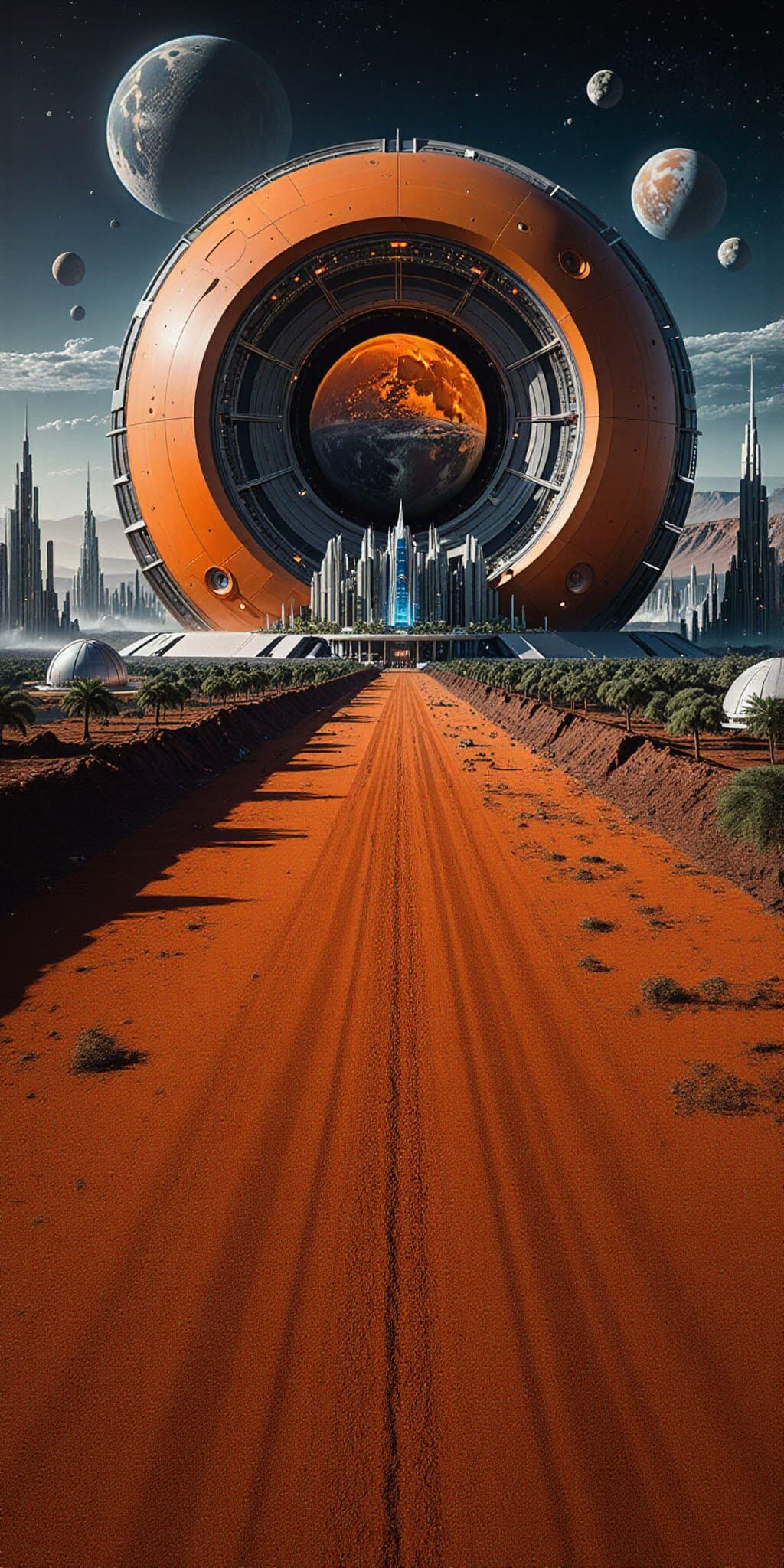 Cyberpunk Lunar Metropolis with Vibrant Orange Groves and In...