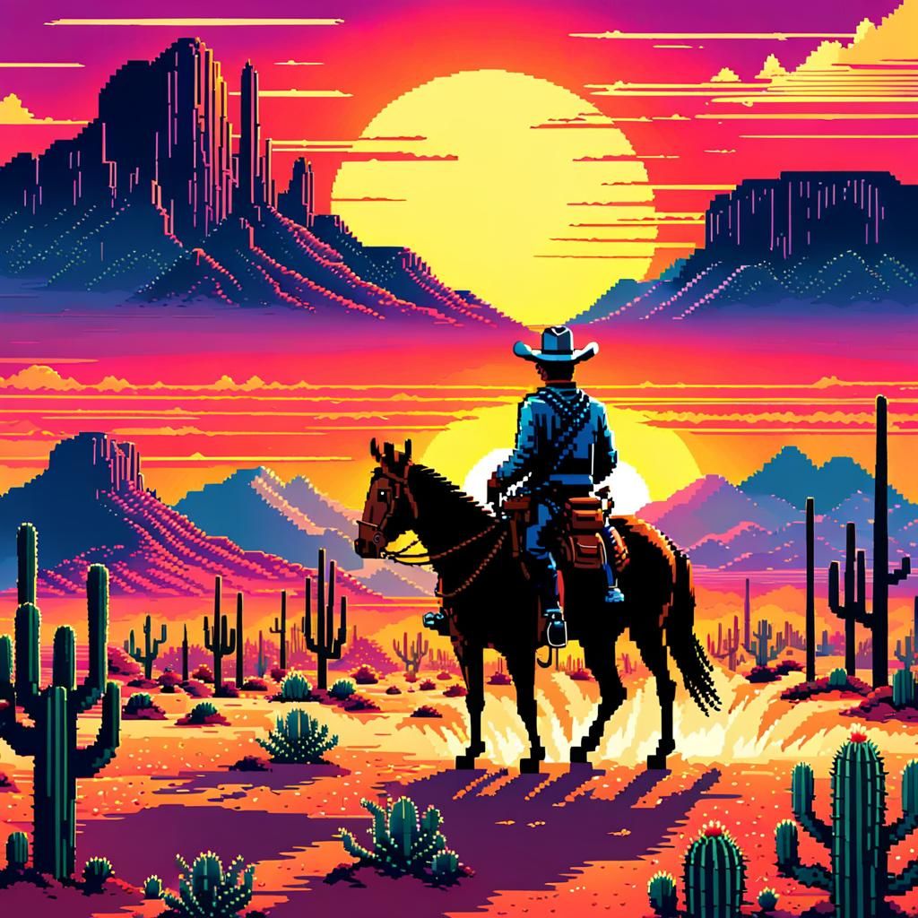 Cowboy Sunset: 8-Bit Pixel Art Western Landscape