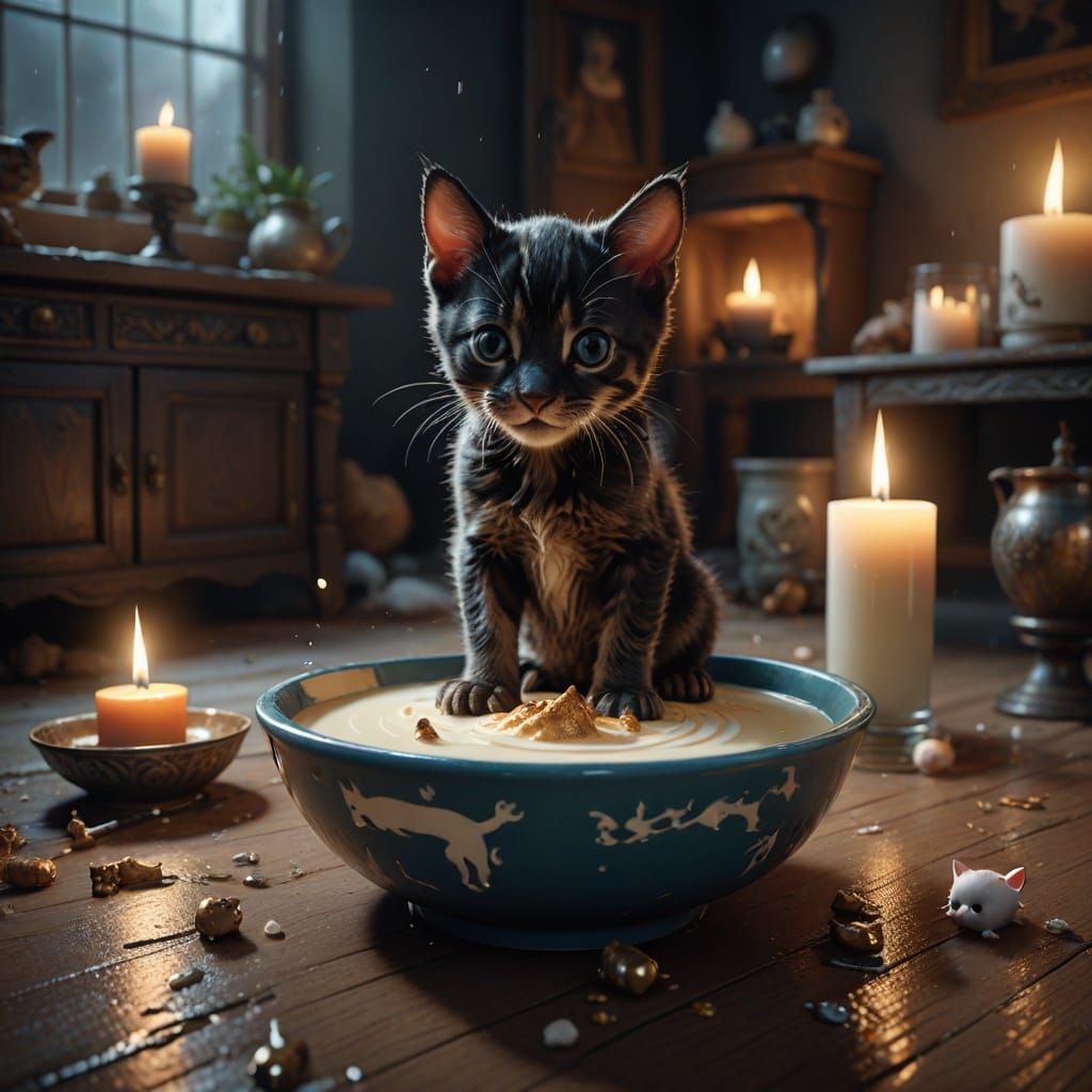 Whimsical Battle of Furry Friends in Vibrant Milk Bowl Scene