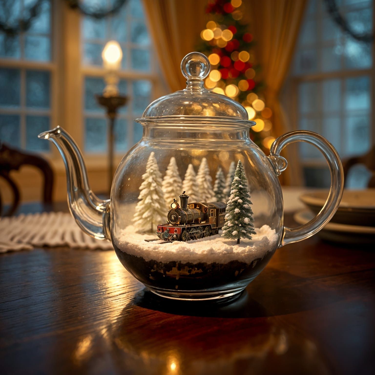 Transparent Teapot Reveals Winter Train Scene