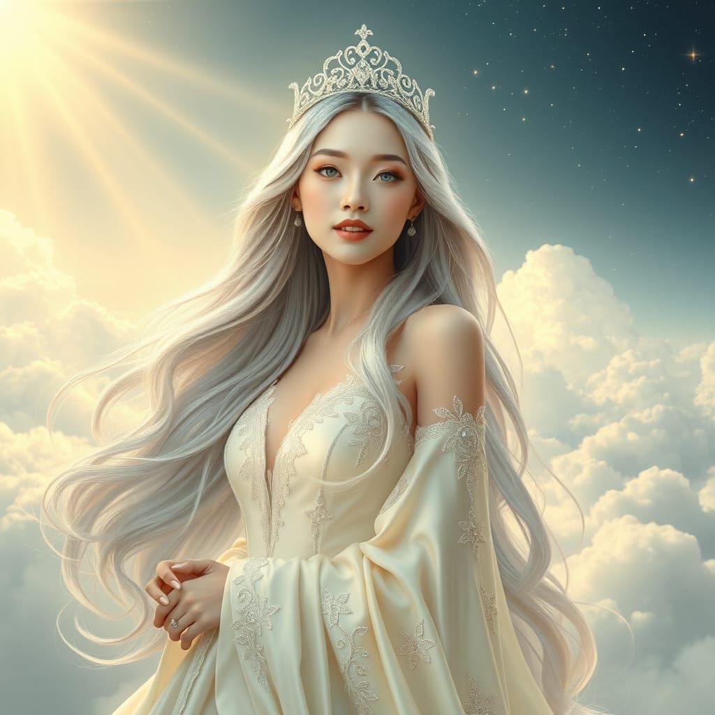 Serene Asian Woman in Heavenly Scene with Ethereal Aura