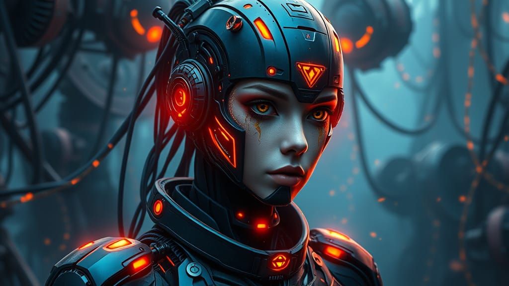 the portrait of a biomechanical cybernetic woman, shades of ...
