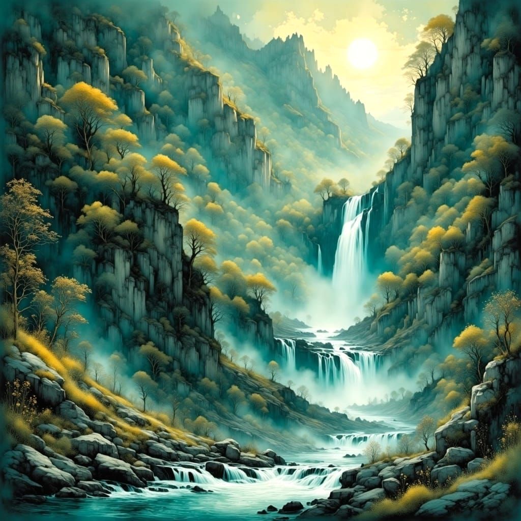 Majestic Waterfall Cascade in Vibrant Hues