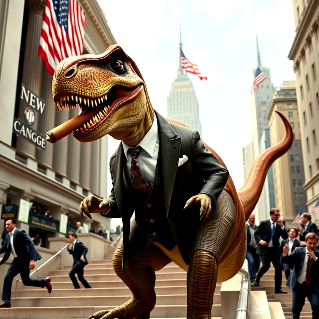 T-Rex in Business Attire Smokes Cigar on Wall Street