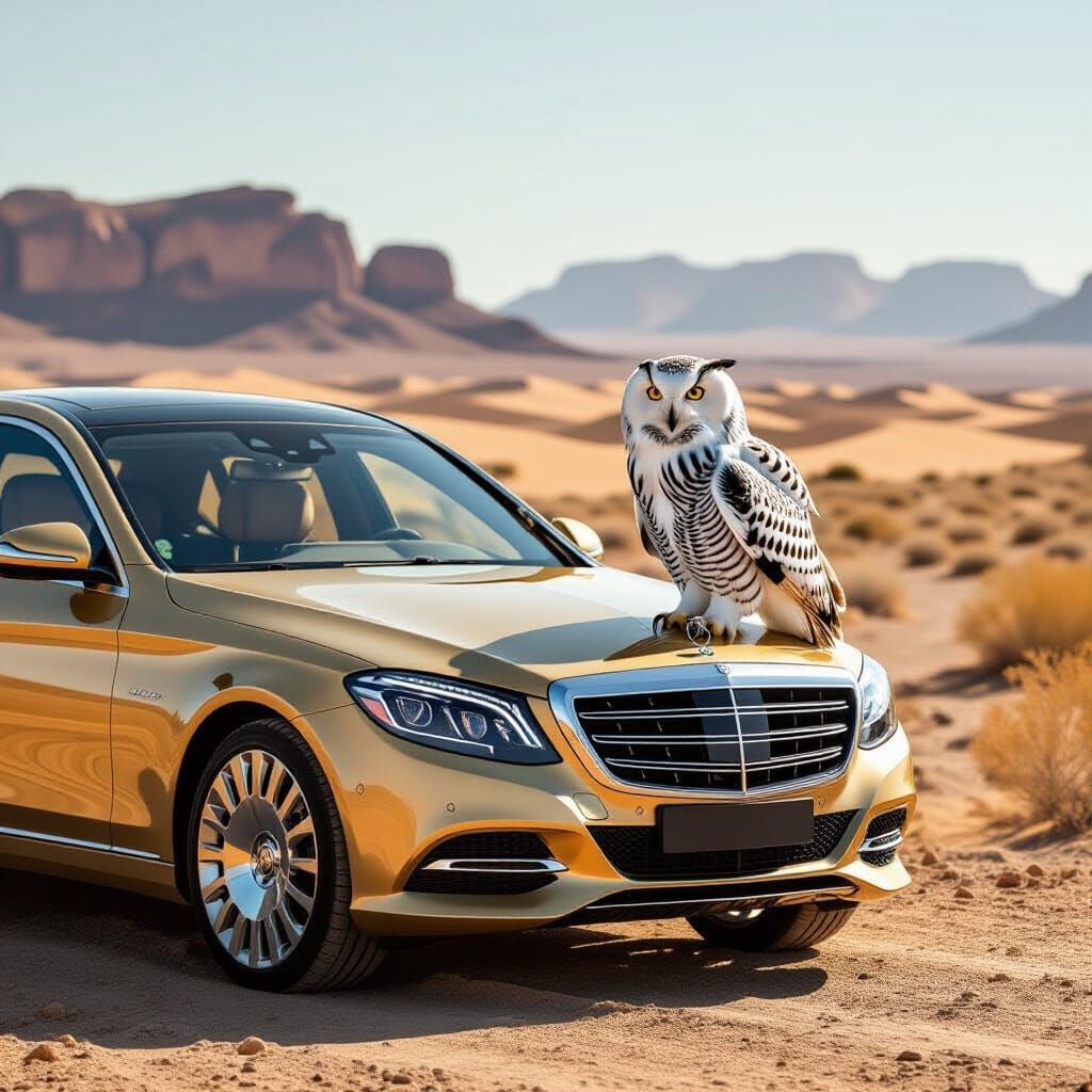 Owl on Maybach in Desert Landscape, Hyperrealistic Surrealis...