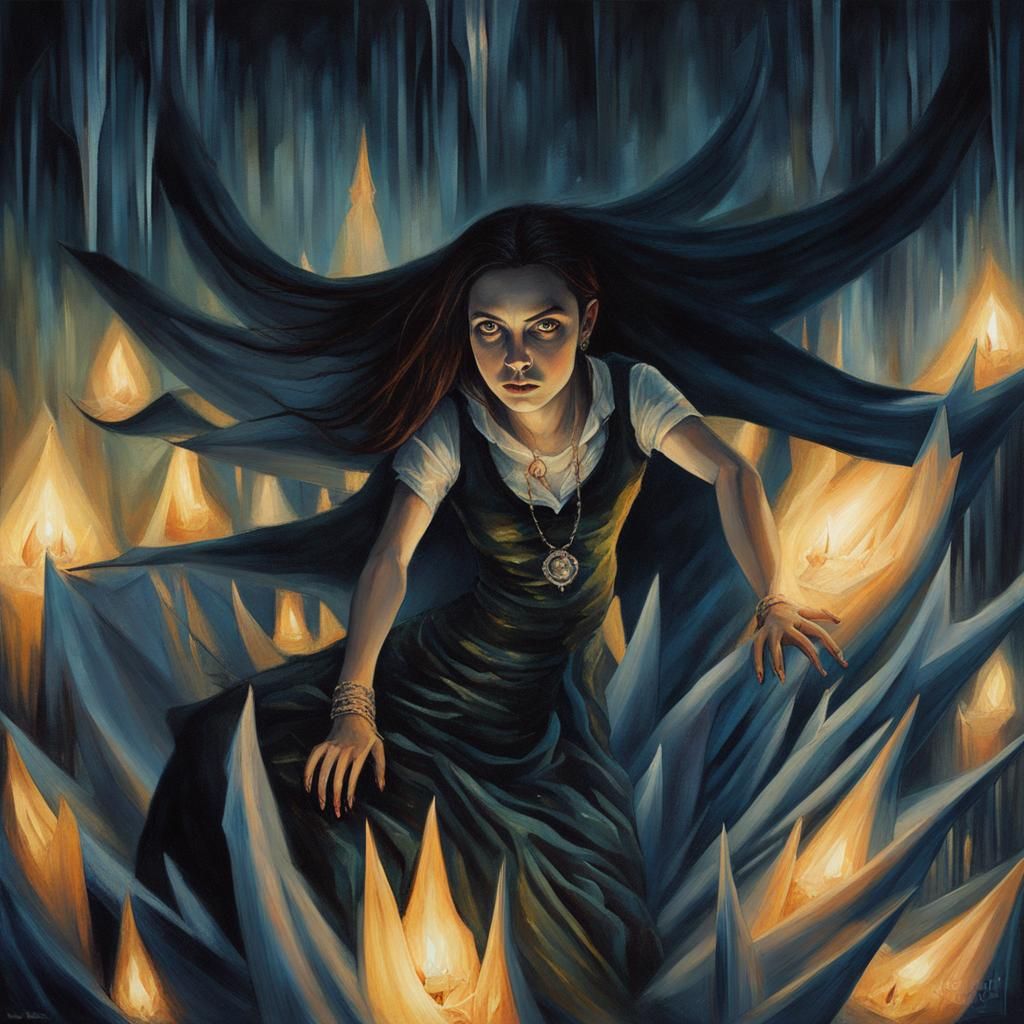 Gothic Fantasy Woman on Crystals in Oil Painting Style