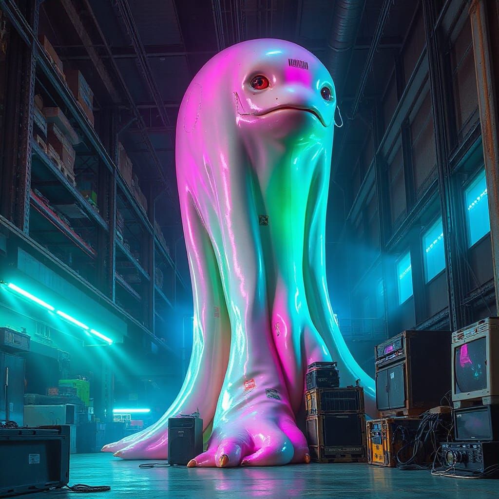 Gigantic Slime Creature in Industrial Warehouse, Neon & Biol...