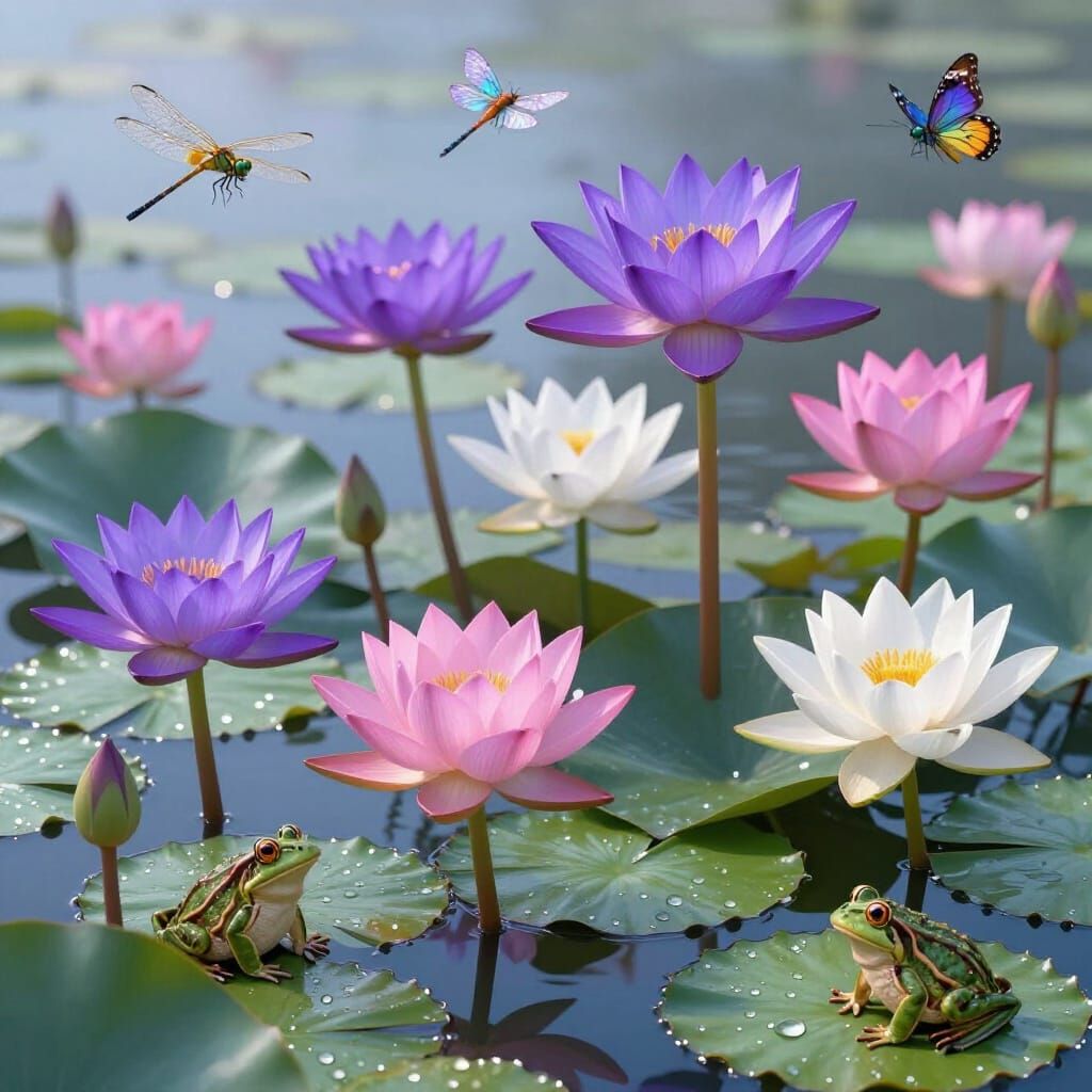 Vibrant Lotus Pond with Dragonflies and Frogs