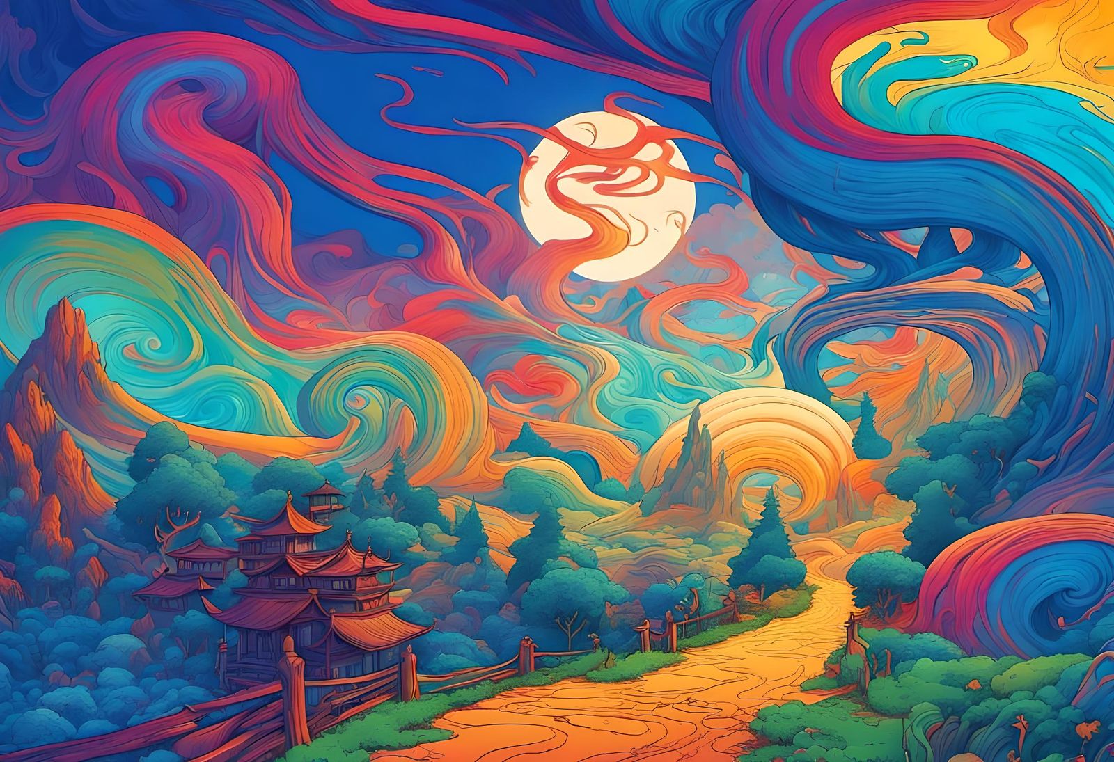 Colorful Fantasy Landscape with Paint Swirls