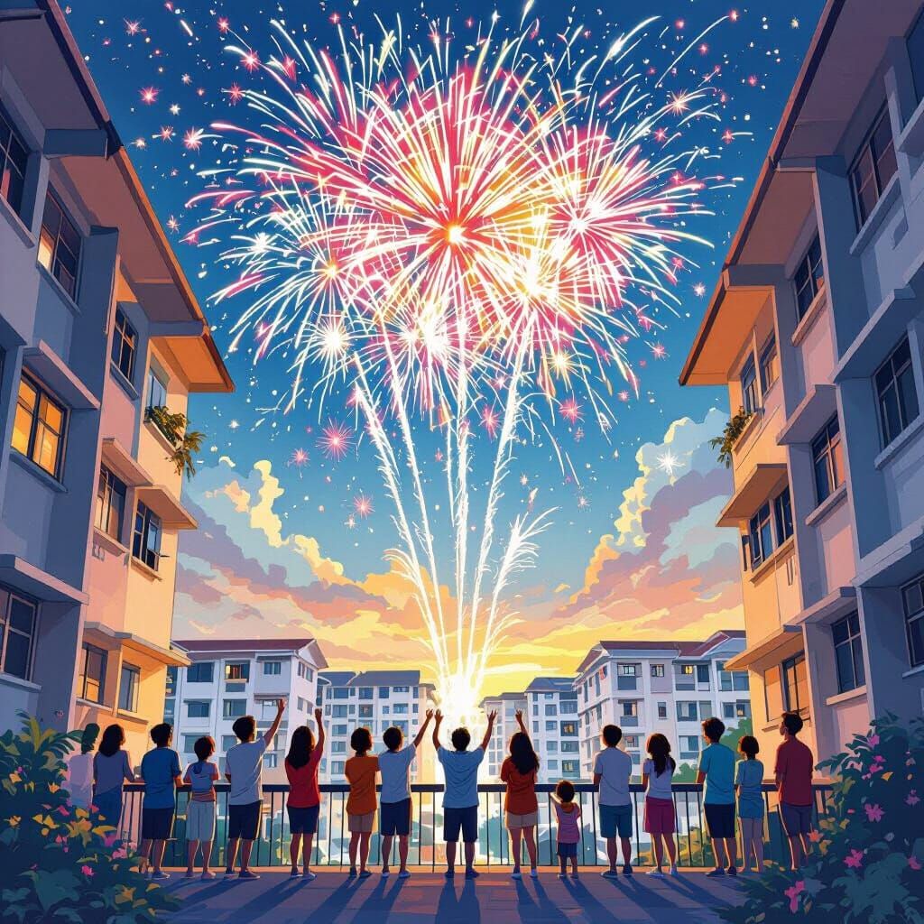 Singapore HDB Fireworks Display in Digital Watercolor Painti...