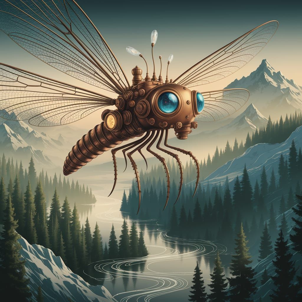 Steampunk Dragonfly Soaring Over Misty Mountains