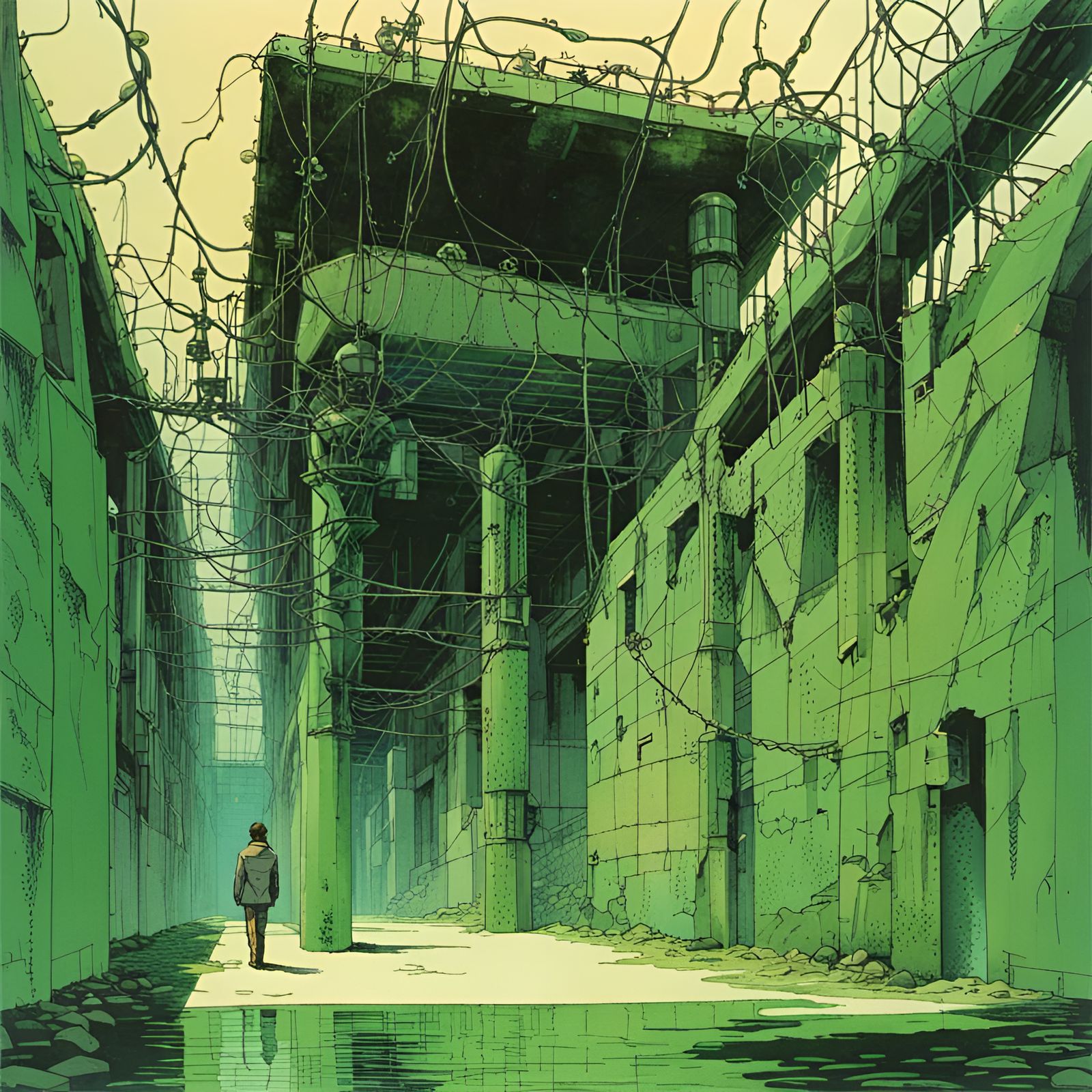 Neo-Dystopian Prison with Medieval Moat in Anime Style