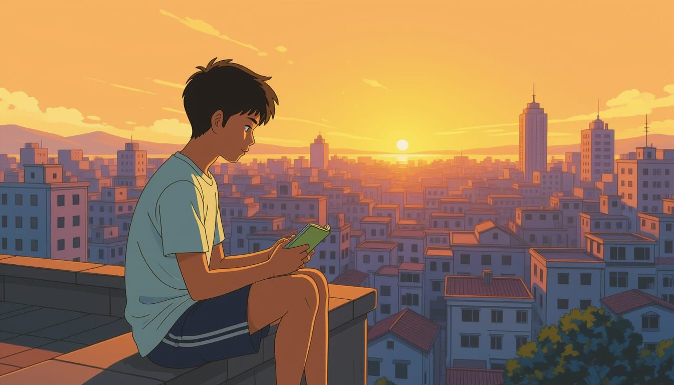 Indian Teenager Contemplates City Sunrise in Anime Style