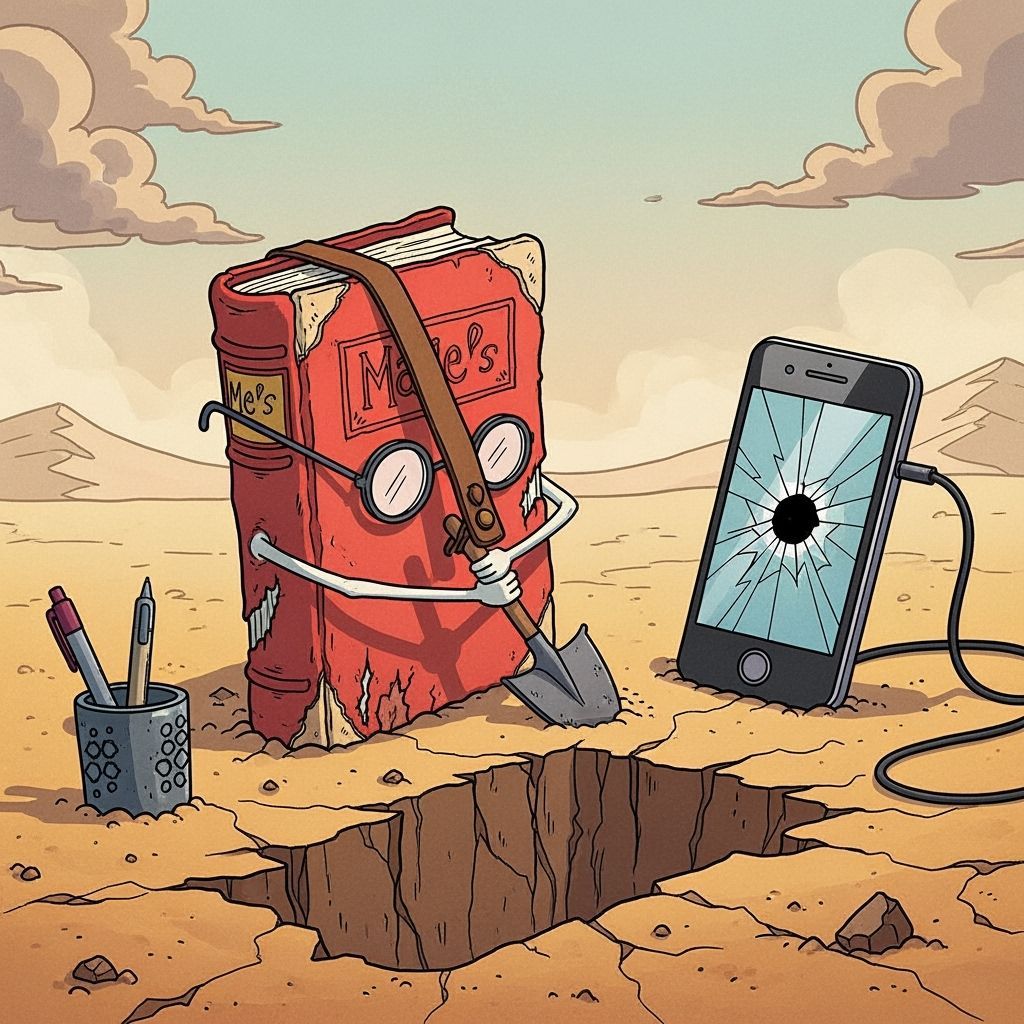 Book vs. Smartphone: A Surreal Desert Showdown