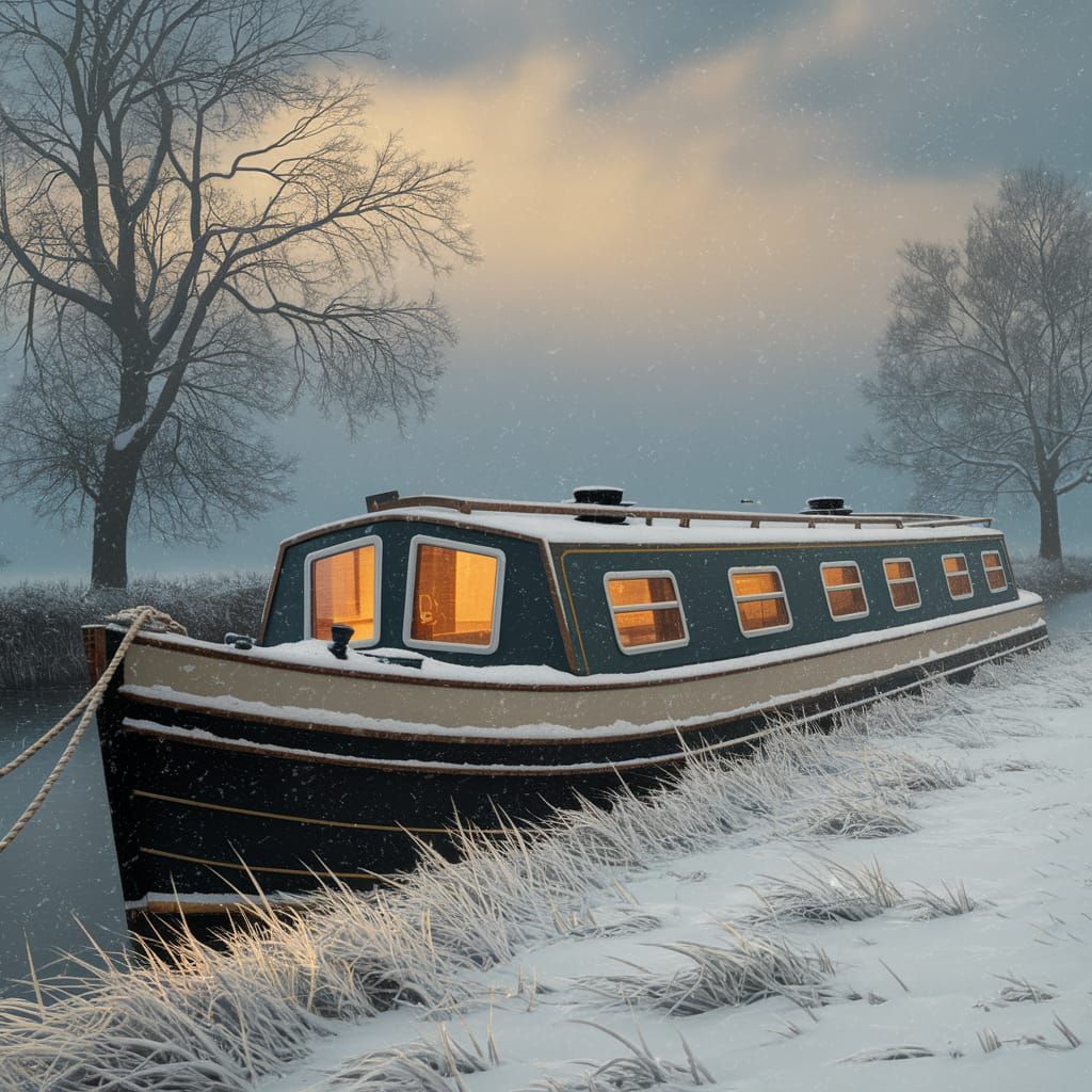 Snowy Narrowboat Moored in Winter Field