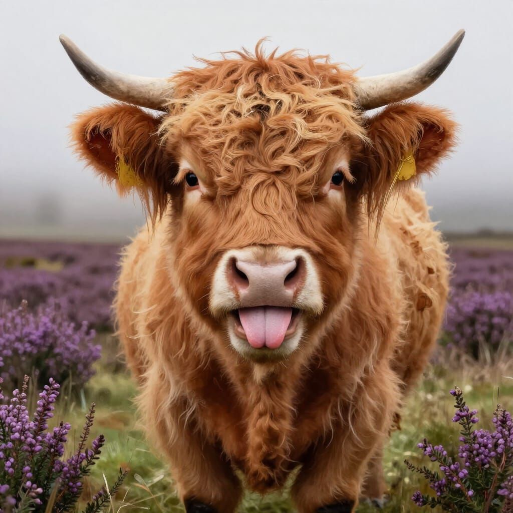 Shaggy Highland Calf Portrait in Misty Scottish Field