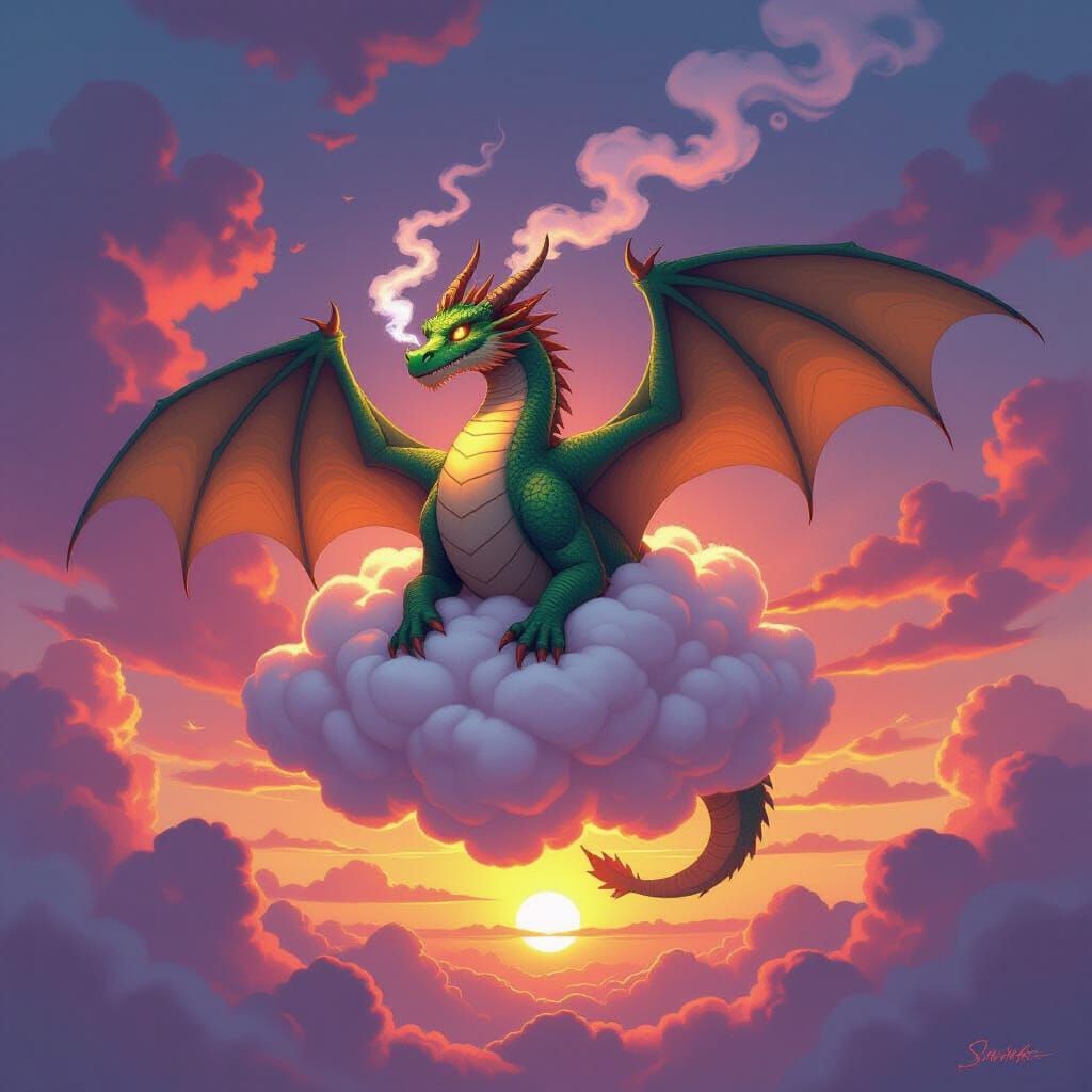 Frustrated Dragon's Wings Caught in Fluffy Cloud at Sunset
