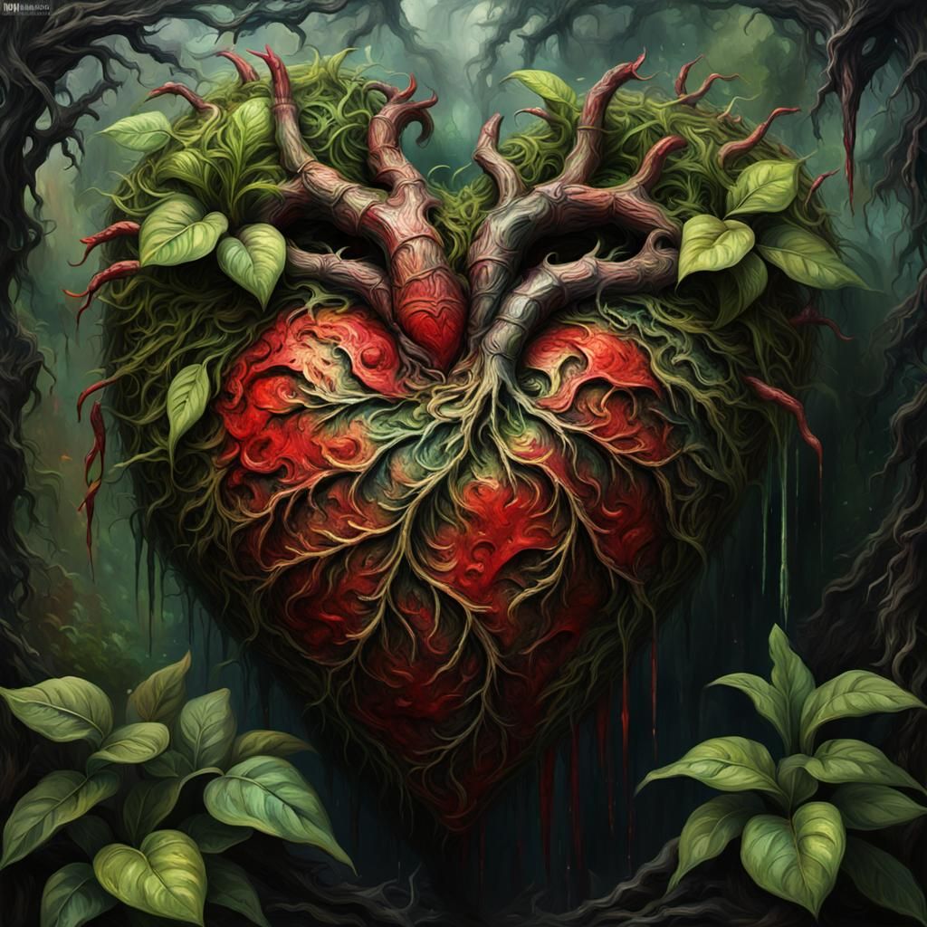 Grotesque Plant Heart: A Gothic Impressionist Masterpiece