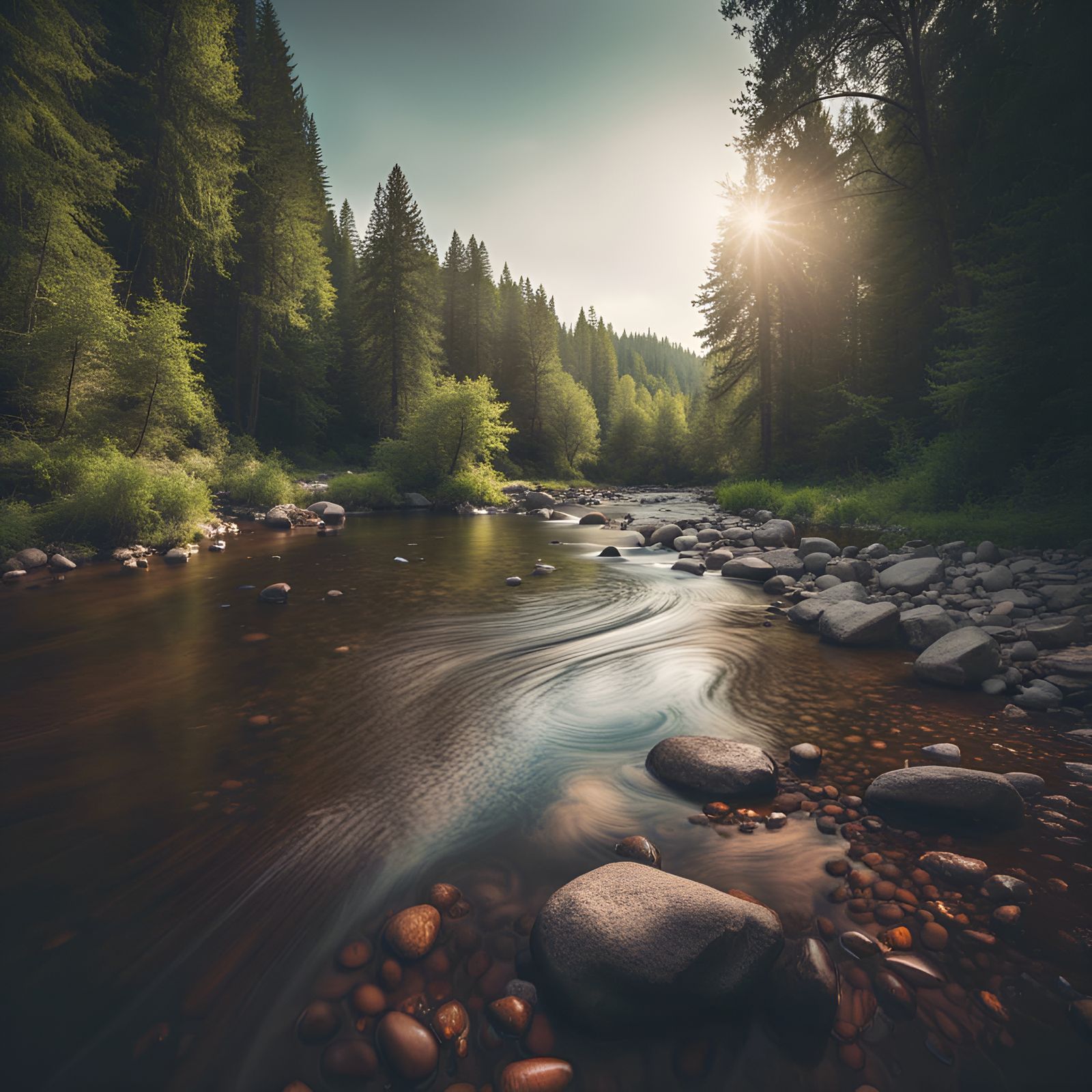 Hyperrealistic River Scene with Forest Background