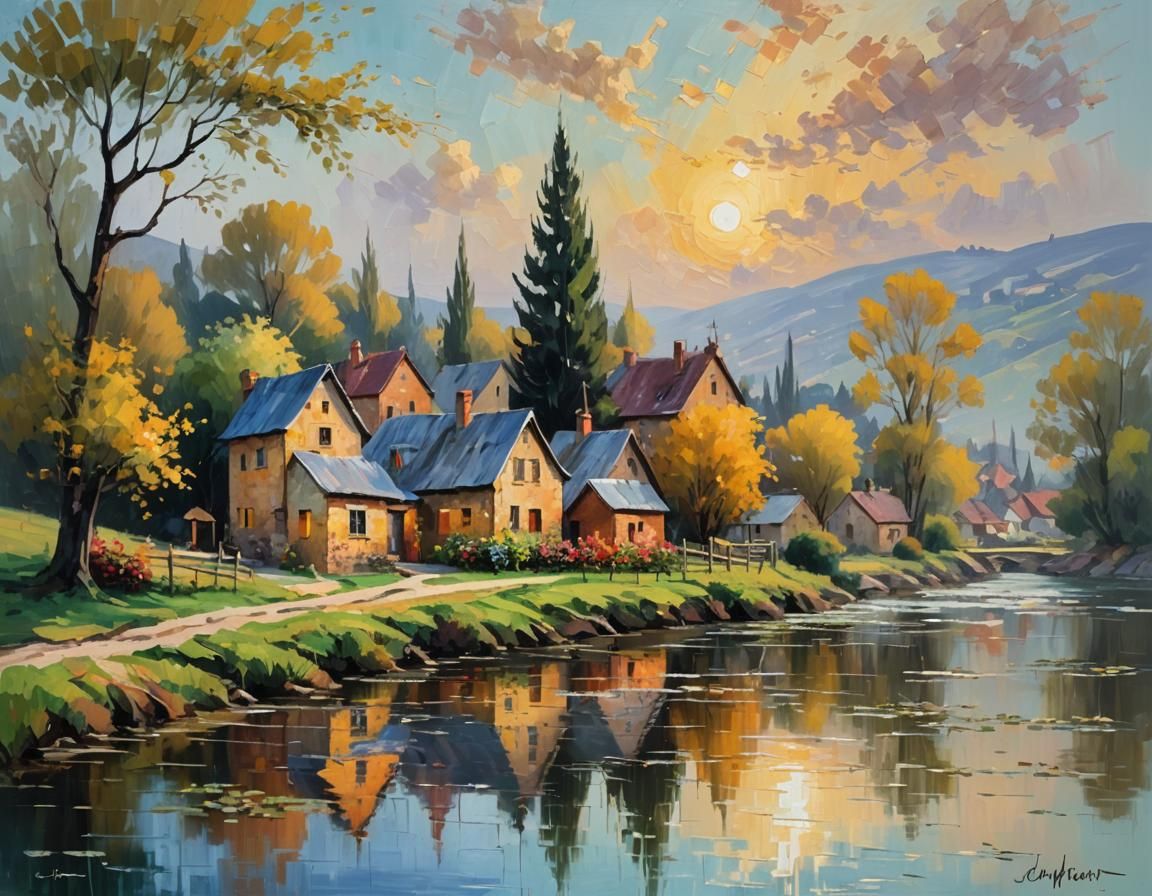 Impressionist Village by River in Oil Painting Style