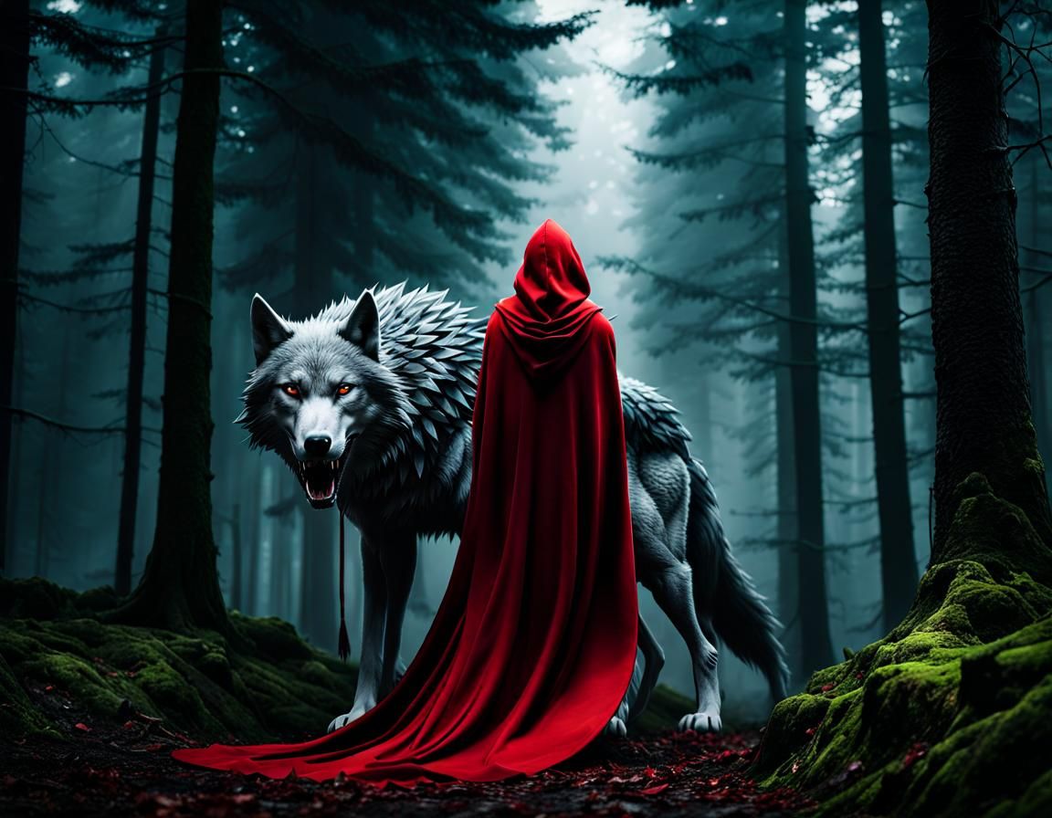 Red Hood Warrior on Wolf in Dark Forest