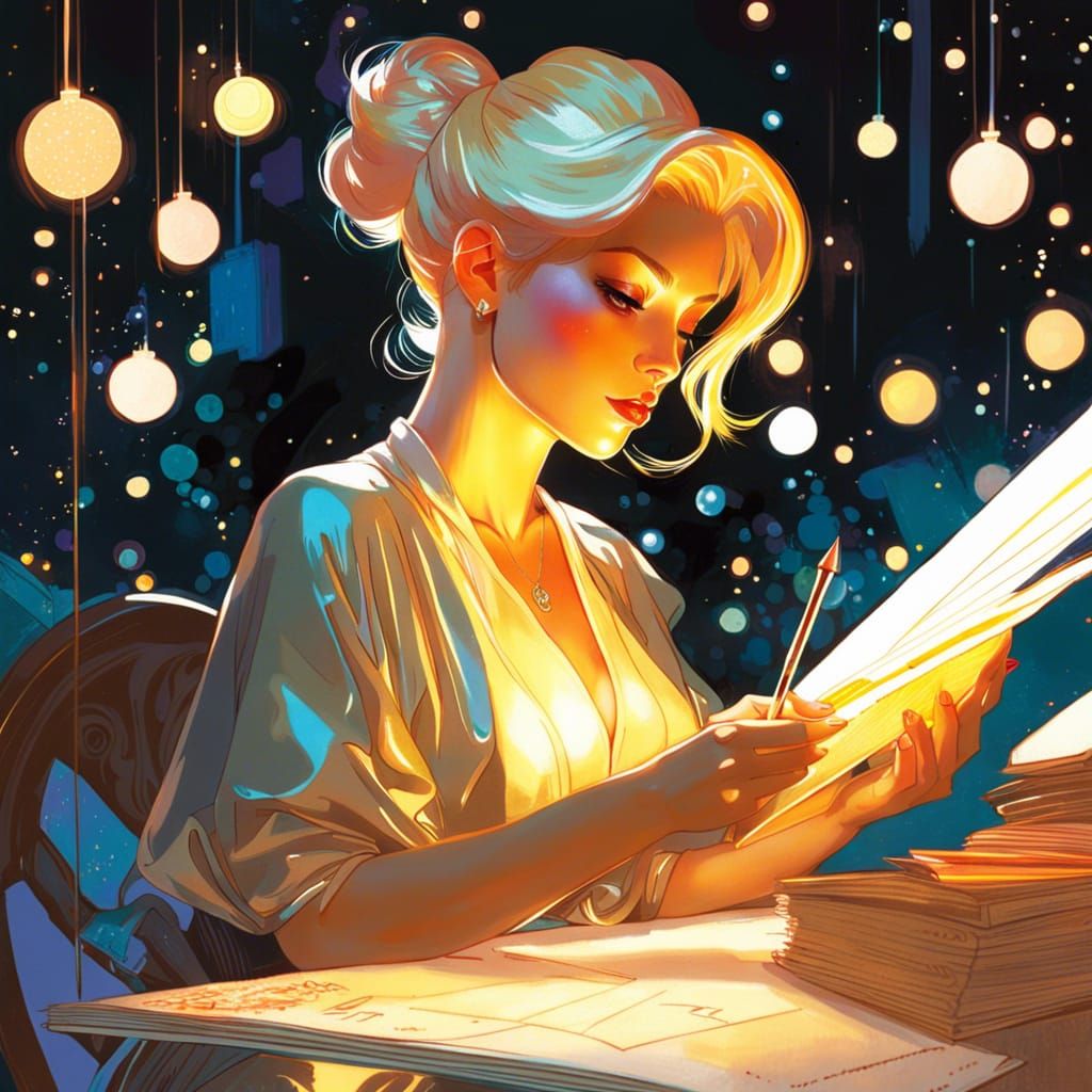 Woman Writing Postcard in Digital Art Style