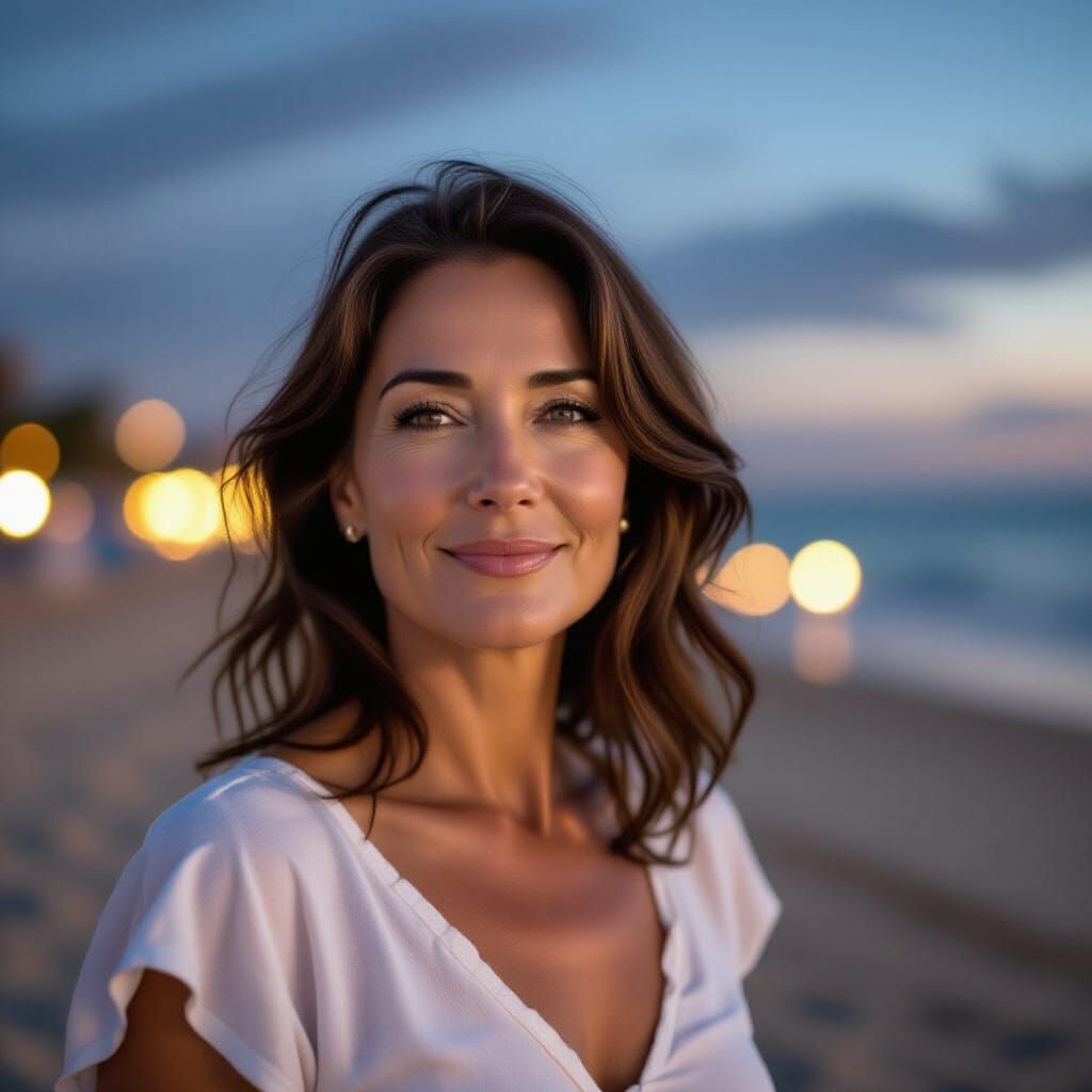 Smiling Woman on Beach at Night