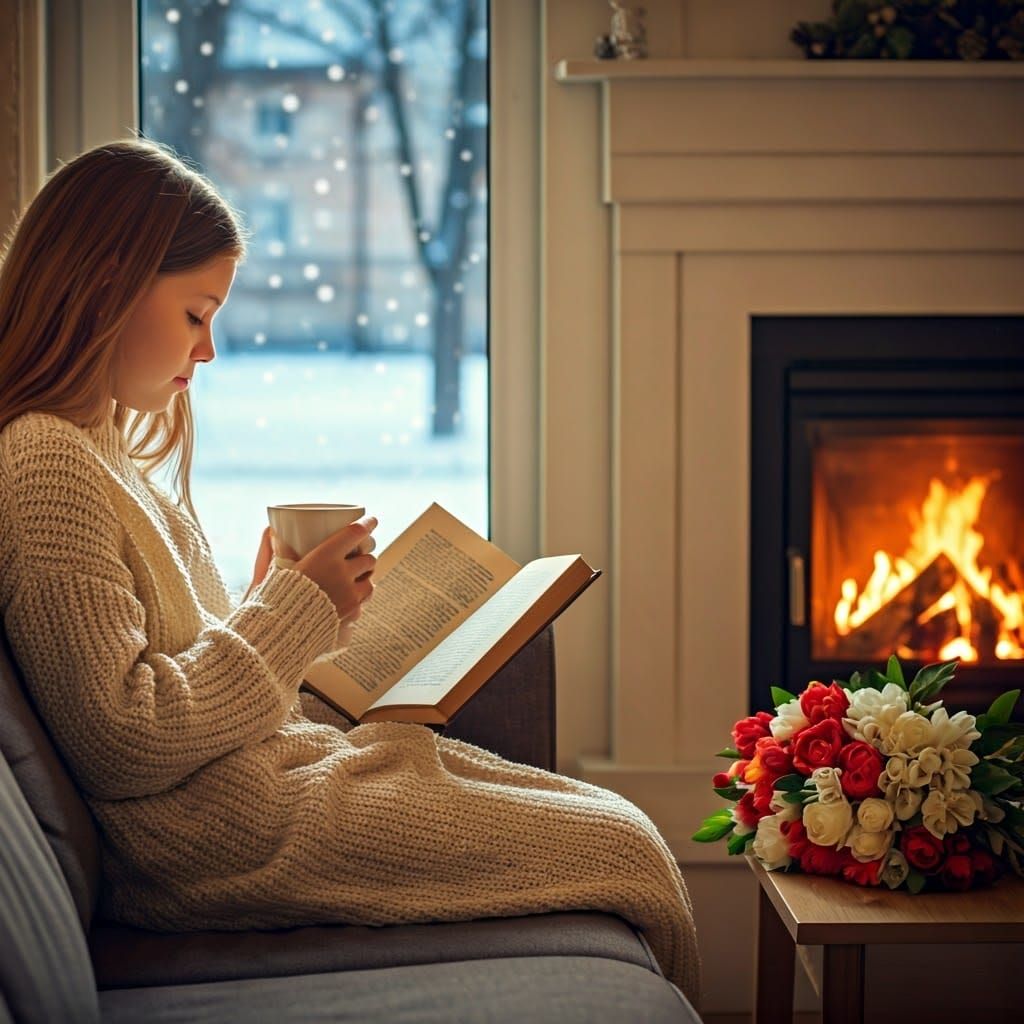 Cozy Winter Evening: Girl Reading by Firelight