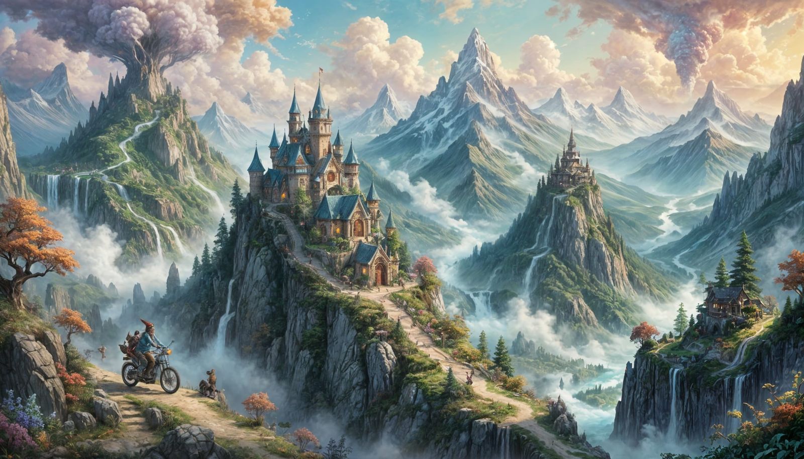 Mythical Landscape with Popcorn Dragons, Watercolor Style