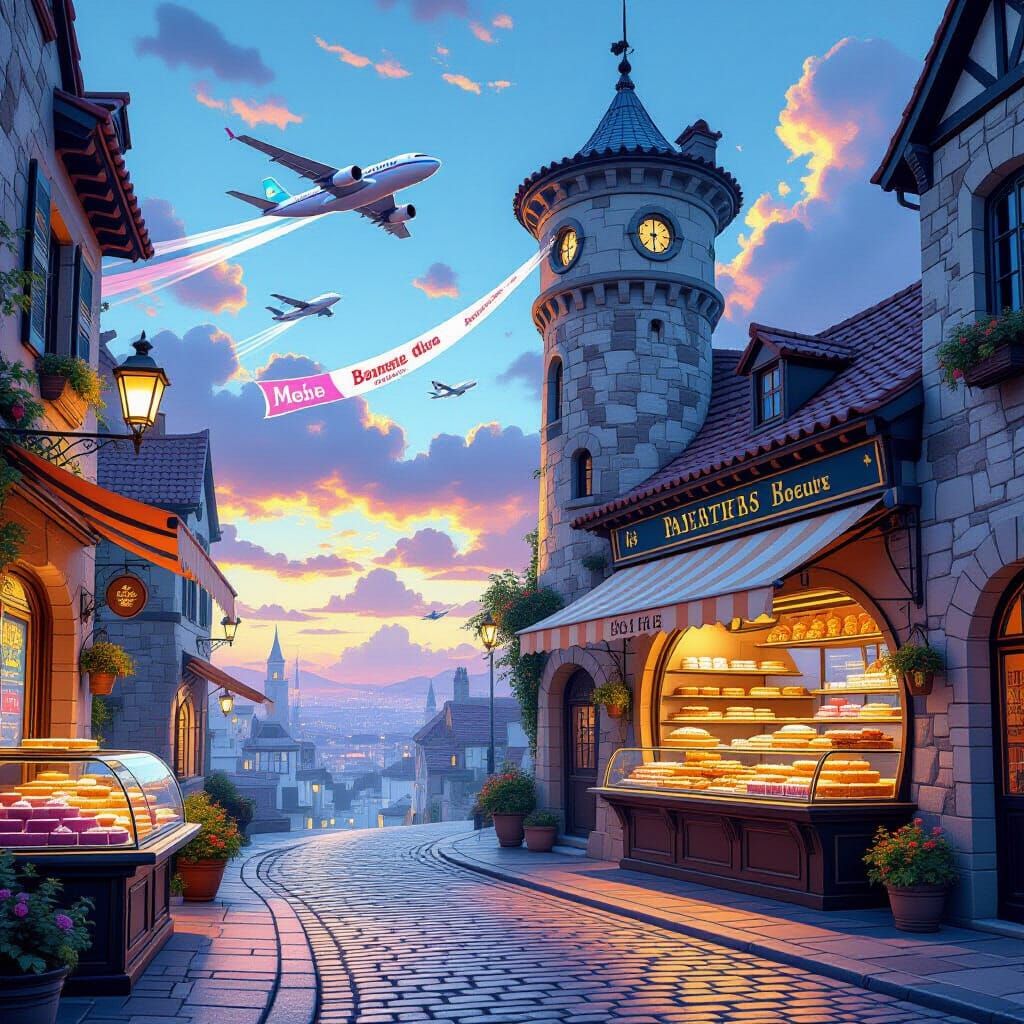 Futuristic Bakery on Cobblestone Street with Leaning Tower