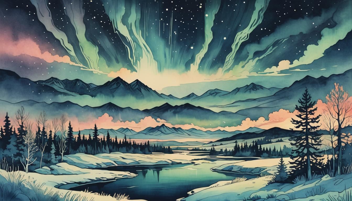 Ethereal Cyanotype Landscape with Aurora Borealis