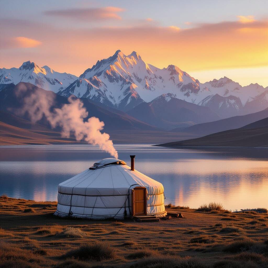 Kyrgyz Yurt at Song Kul Lake in Golden Sunset
