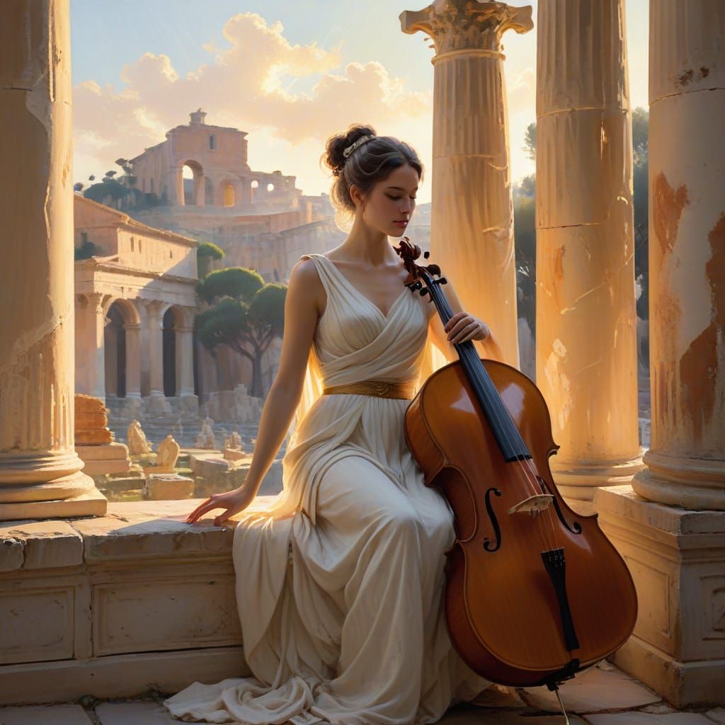 Elegant Woman Plays Cello in Ancient Roman Forum