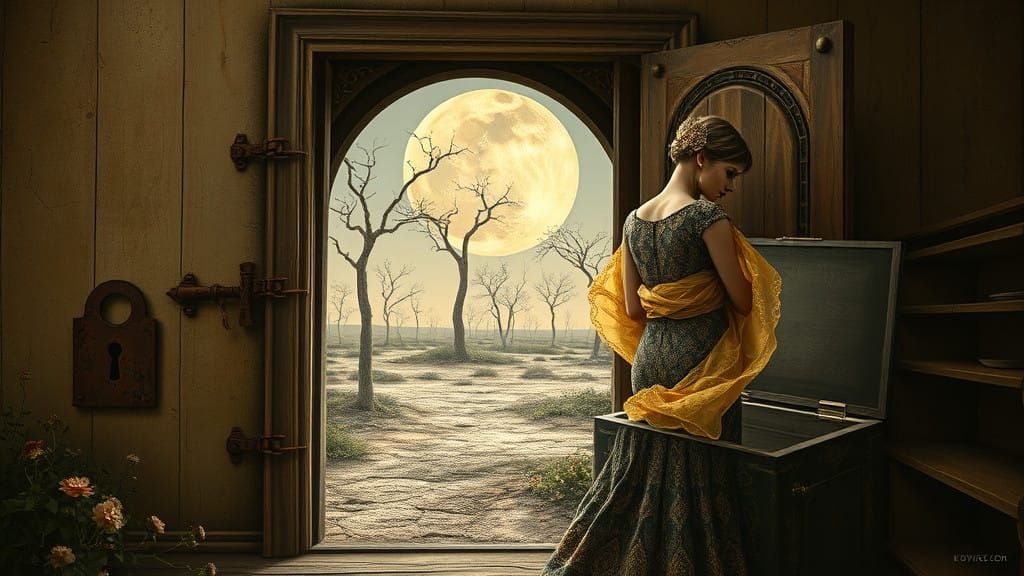 Surrealist Dreamscape with Golden Ornamentation and Whimsica...