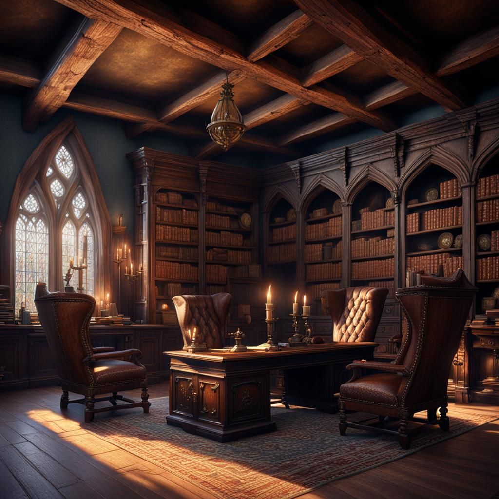 Medieval Office with Fireplace in Fantasy Art Style