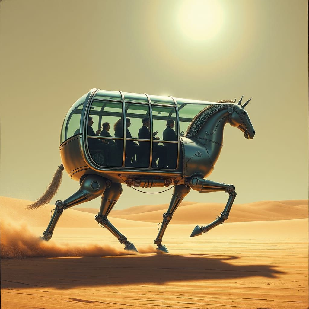 Futuristic Centaur Bus in Surreal Desert Landscape