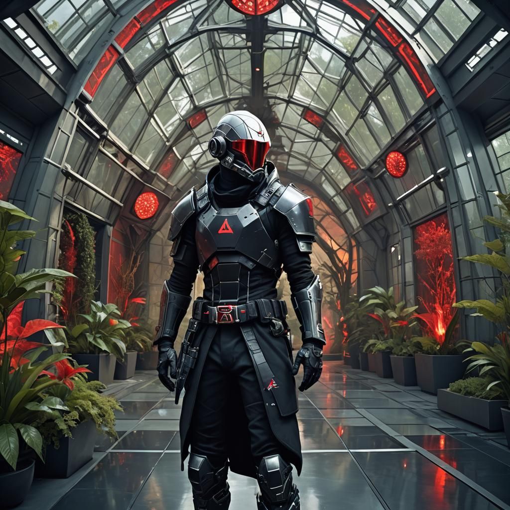 Albino Cyberpunk Warrior in Cyber-Baroque Embassy