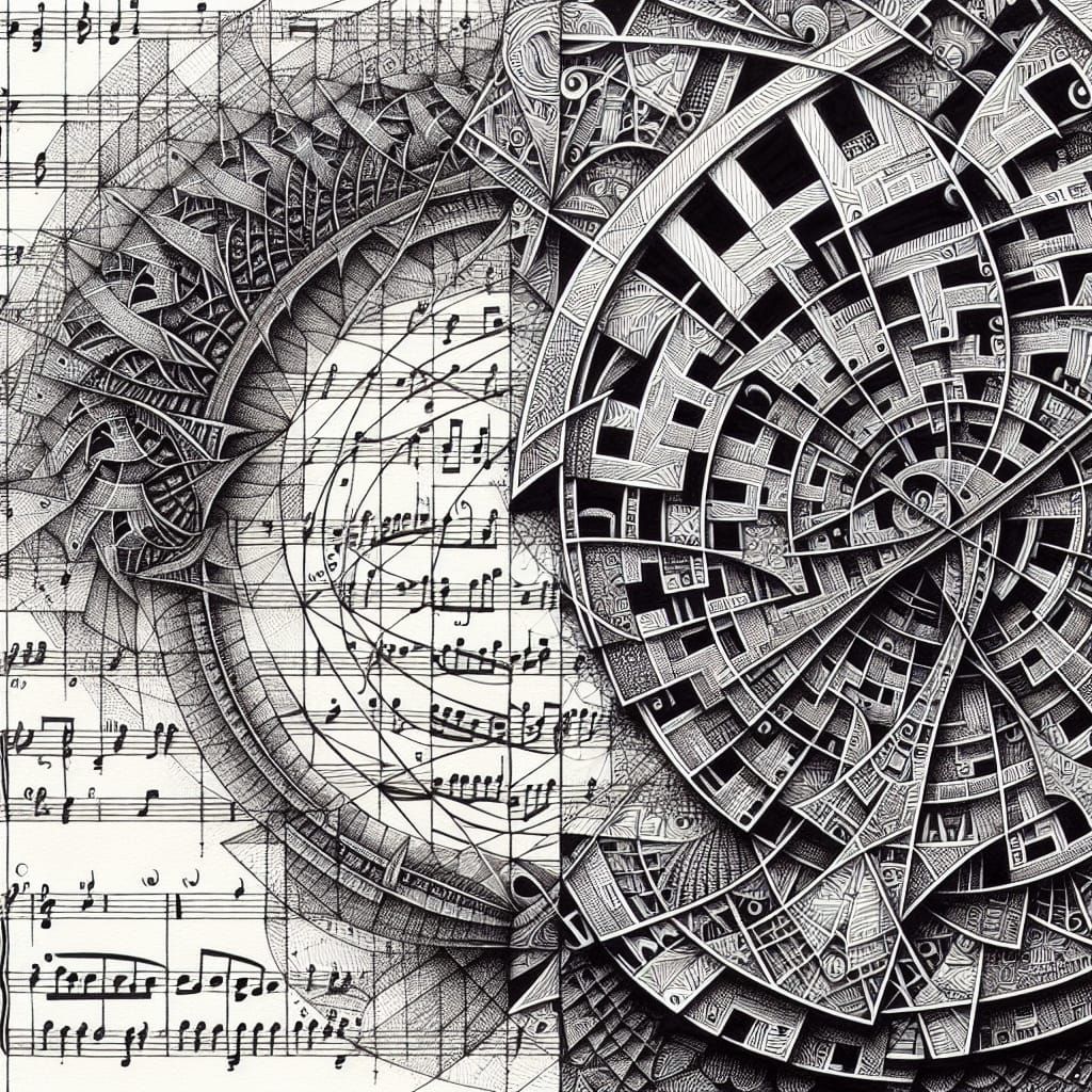 Monochrome Ink Drawing: Sheet Music on Projective Plane