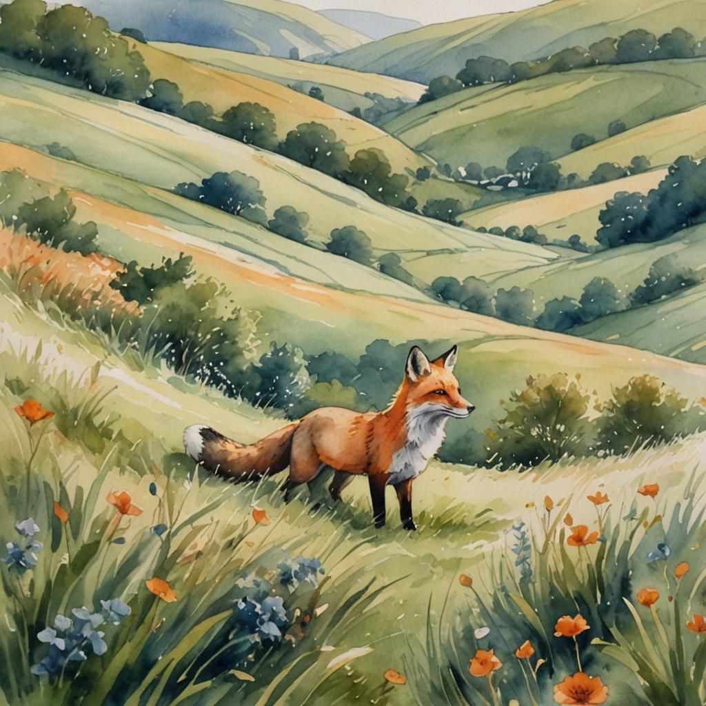 Fox in English Meadow, Whimsical Watercolour
