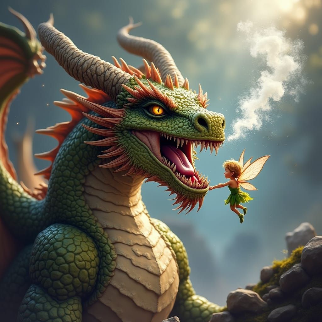 Dragon's Humorous Sneeze: Pixie Tickles Ancient Beast