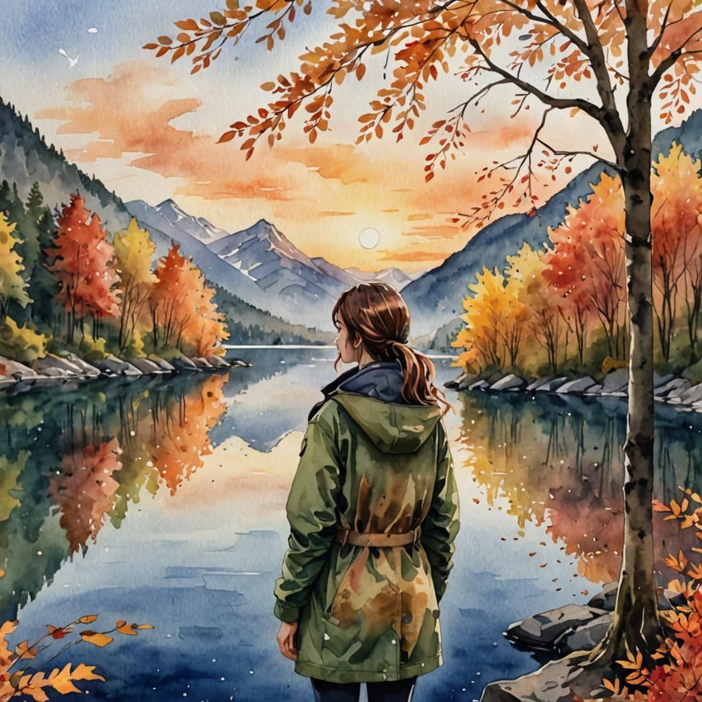 Watercolor Painting of Autumn Landscape with Girl