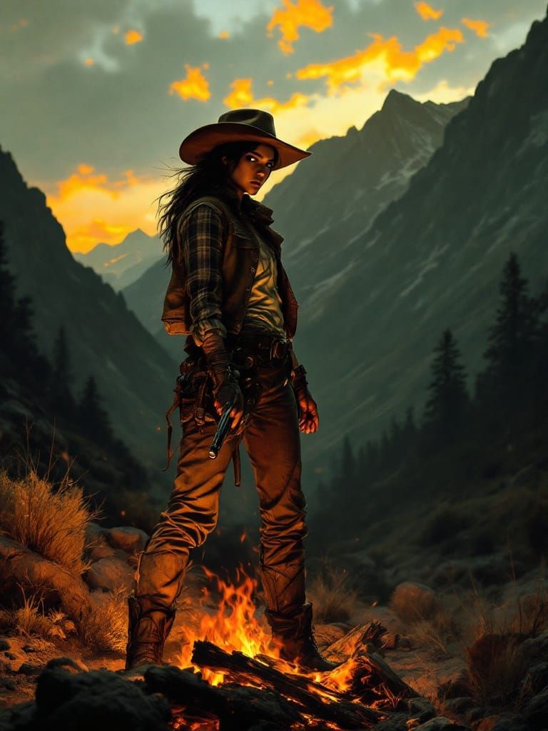 Rugged Frontier Woman Points Gun at Surrendering Man in Suns...