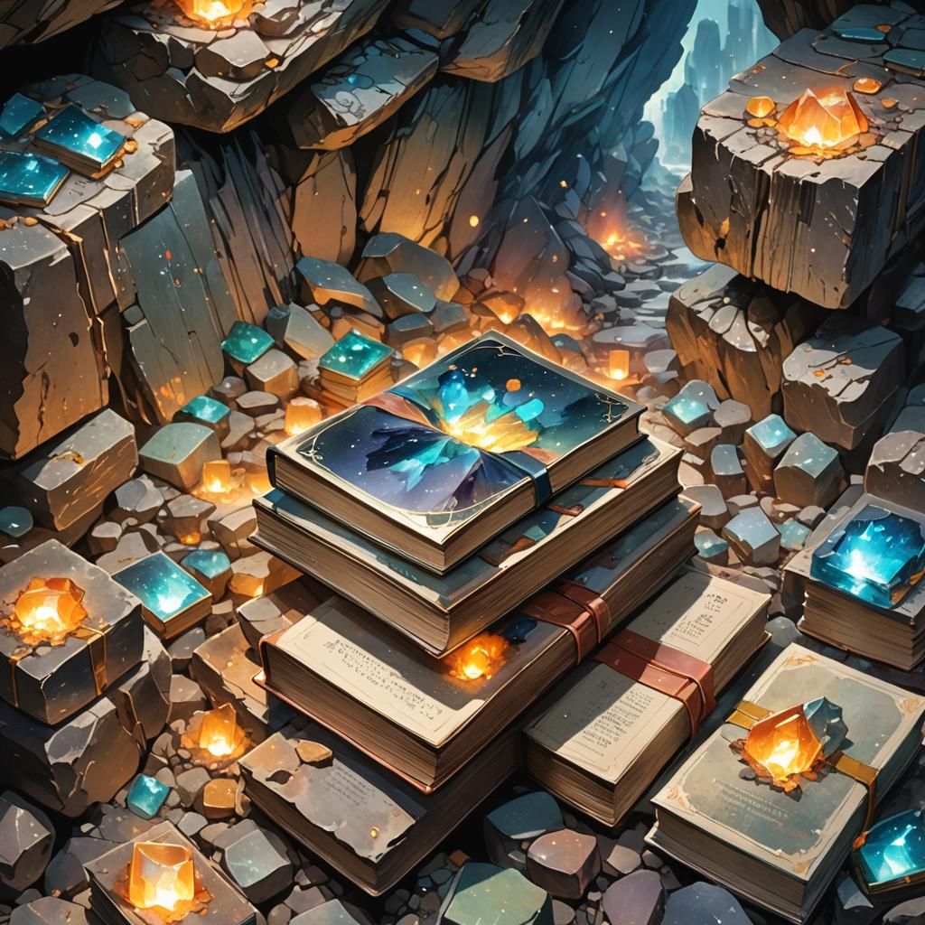 Anime-Style Books Embedded in Rock