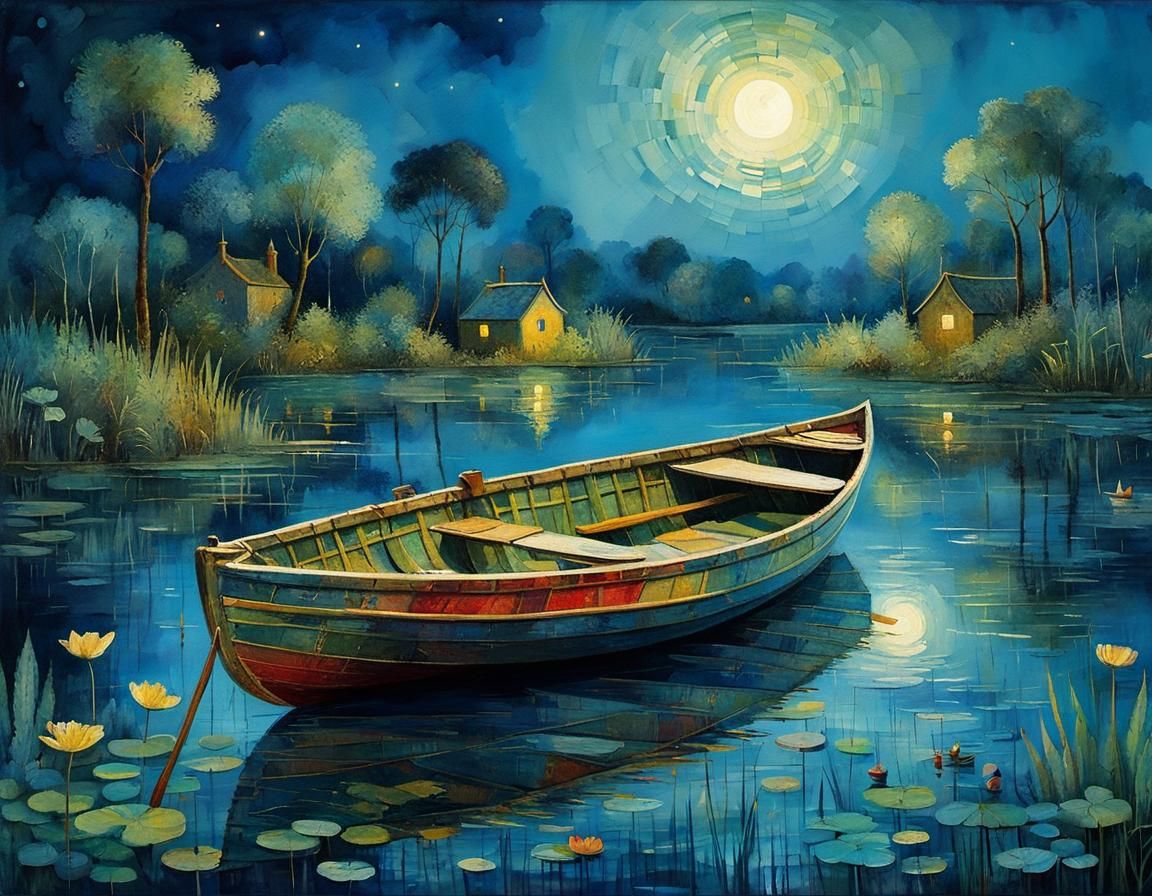 Moonlit Rowboat on Blue Bayou in Patchwork Style
